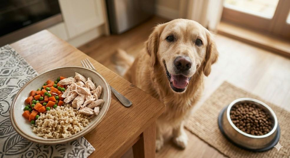 Dog looking at a meal bowl